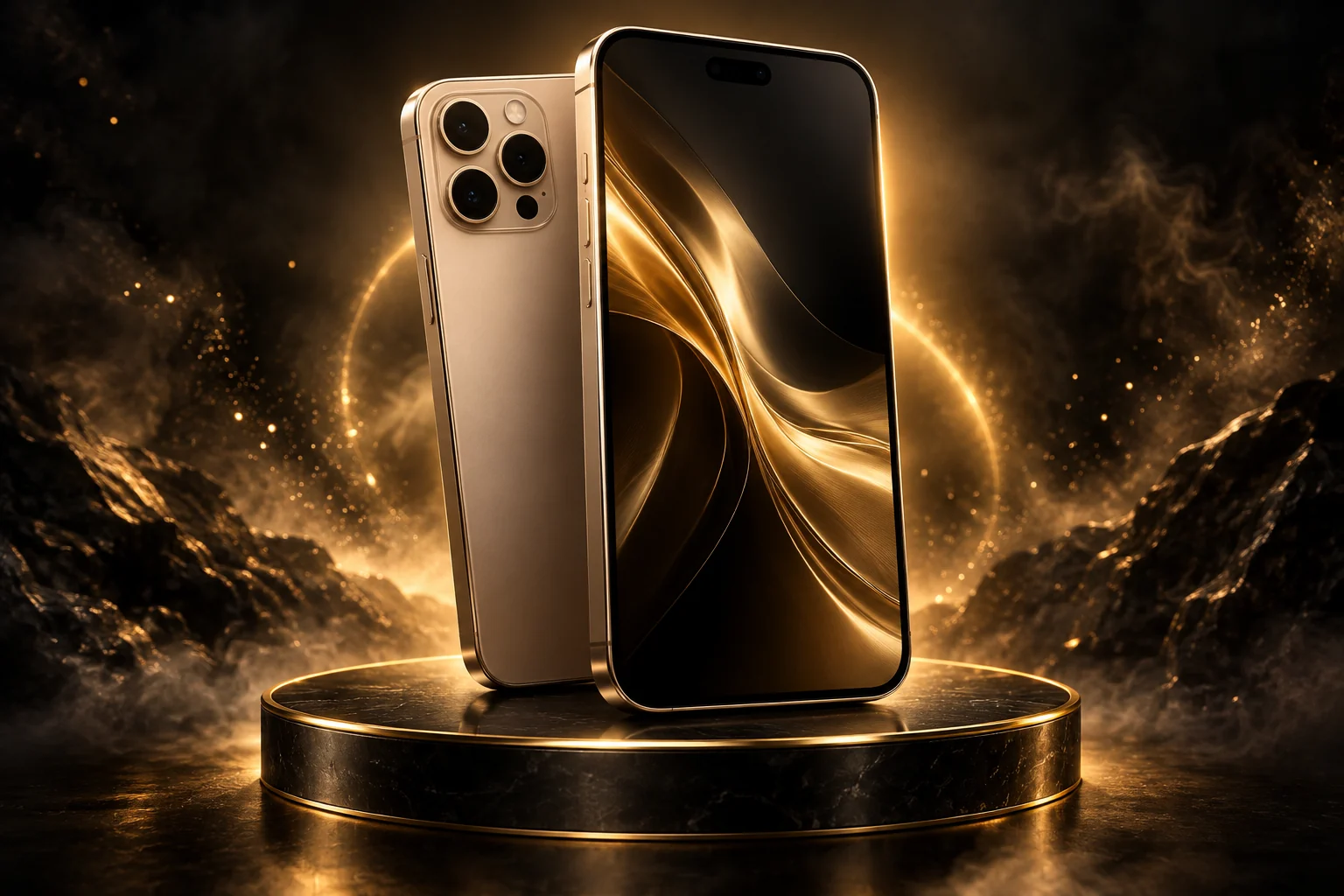 Gold smartphone prize illustration on an illuminated display podium